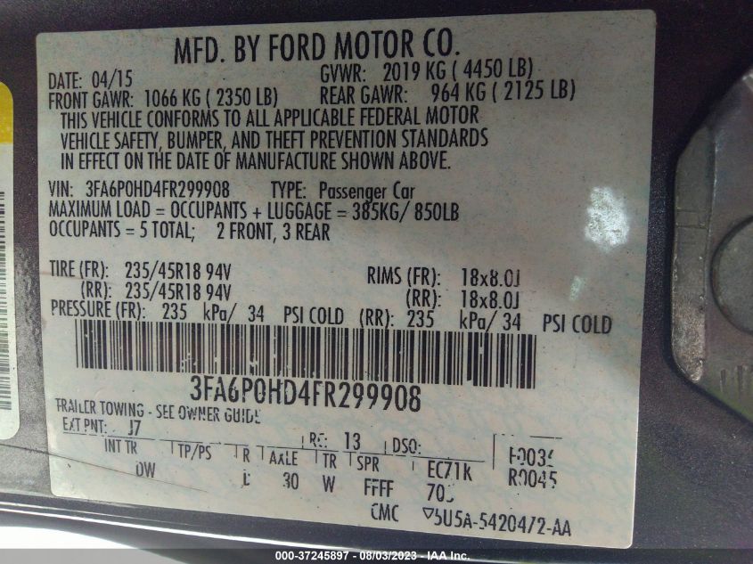 2015 FORD FUSION SE - 3FA6P0HD4FR299908