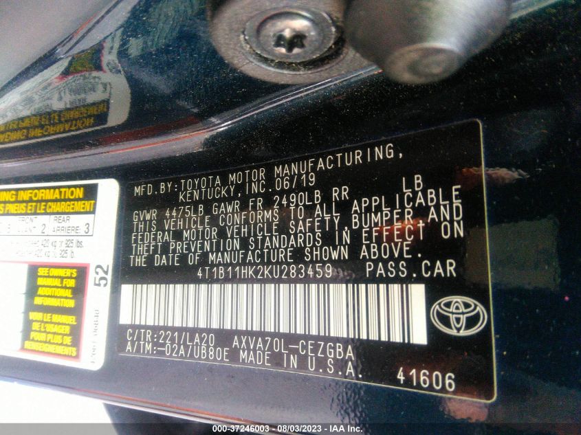 4T1B11HK2KU283459 Toyota Camry L/LE/XLE/SE/XSE 9