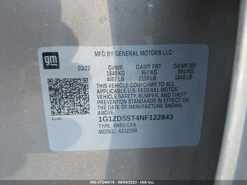 VIN 1G1ZD5ST4NF122843 2022 CHEVROLET MALIBU LT