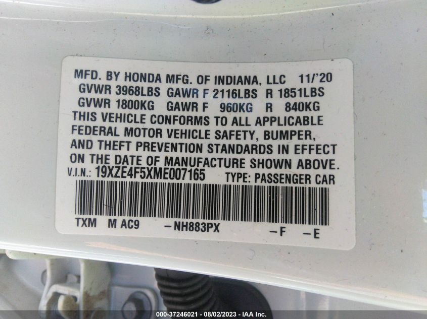 2021 HONDA INSIGHT EX 19XZE4F5XME007165