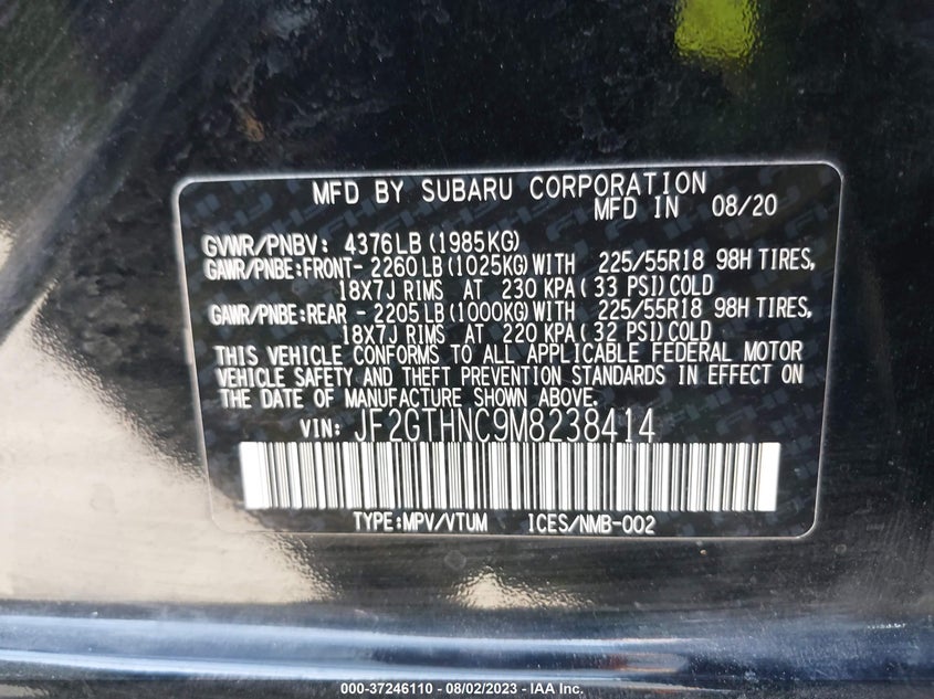 2021 SUBARU CROSSTREK LIMITED VIN: JF2GTHNC9M8238414
