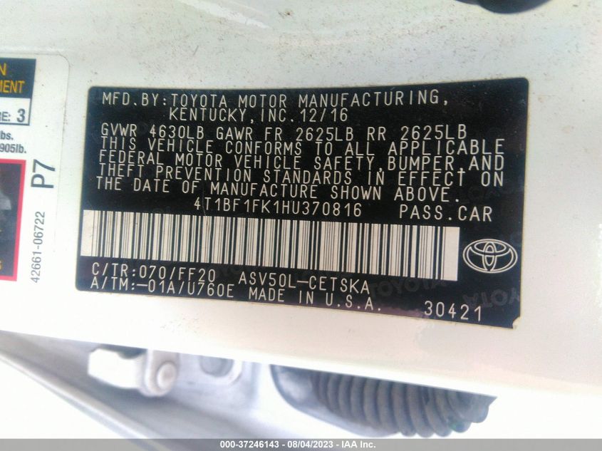 2017 TOYOTA CAMRY XLE/SE/LE/XSE - 4T1BF1FK1HU370816