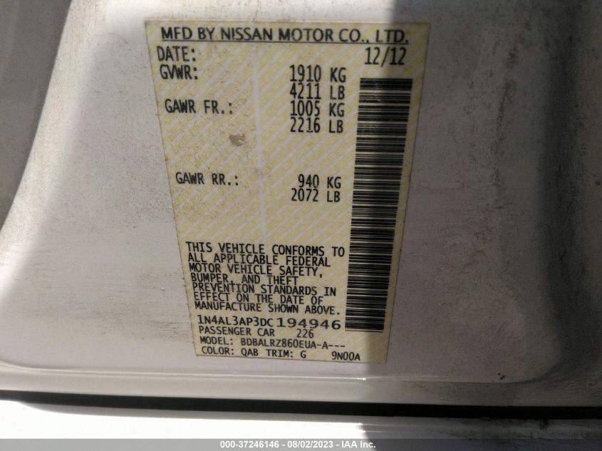 2013 NISSAN ALTIMA 2.5 S - 1N4AL3AP3DC194946