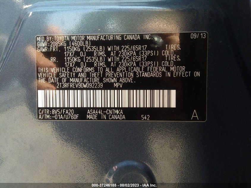 VIN 2T3RFREV9DW092239 2013 TOYOTA RAV4 no.9