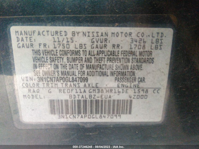 2016 NISSAN VERSA SV - 3N1CN7AP0GL847099