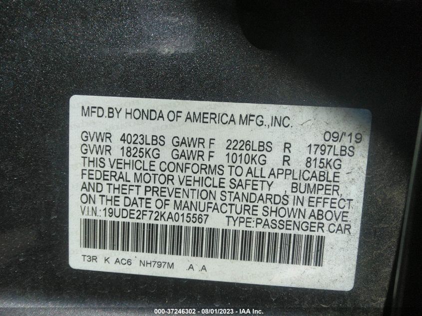 2019 ACURA ILX PKG - 19UDE2F72KA015567
