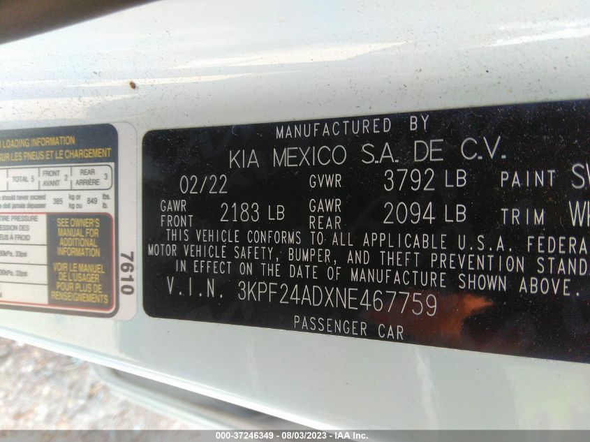 2022 KIA FORTE LXS - 3KPF24ADXNE467759