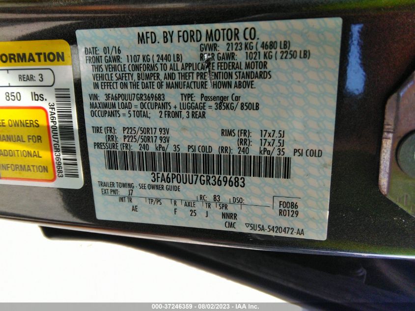 2016 FORD FUSION S HYBRID - 3FA6P0UU7GR369683
