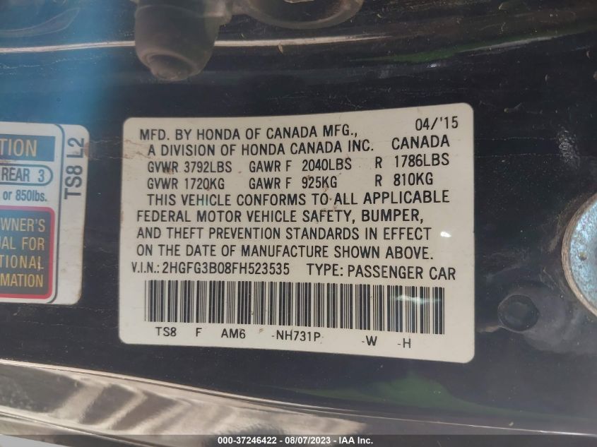 2015 HONDA CIVIC COUPE EX-L - 2HGFG3B08FH523535