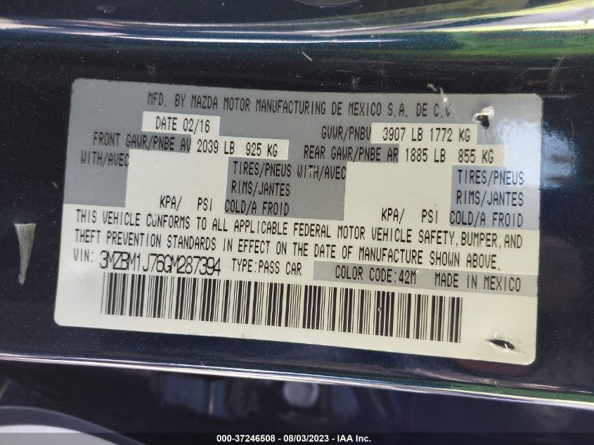 2016 MAZDA MAZDA3 - 3MZBM1J76GM287394