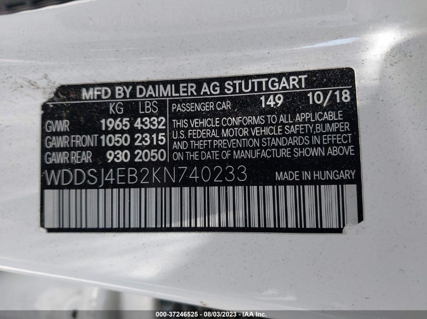 2019 MERCEDES-BENZ CLA CLA 250 - WDDSJ4EB2KN740233
