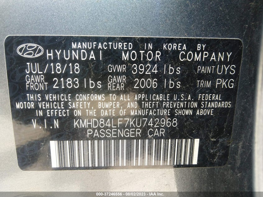 VIN KMHD84LF7KU742968 2019 HYUNDAI ELANTRA SEL