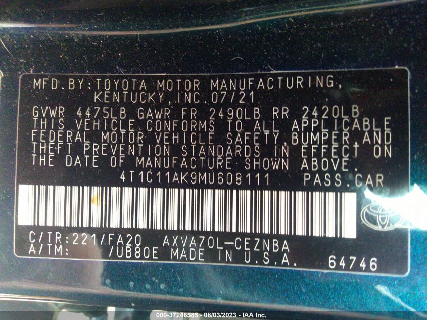 4T1C11AK9MU608111 Toyota Camry LE 9