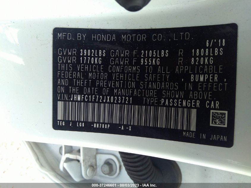 2018 HONDA CIVIC SEDAN EX-L - JHMFC1F72JX023721