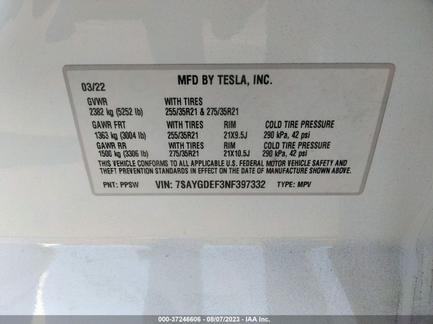 2022 TESLA MODEL Y PERFORMANCE - 7SAYGDEF3NF397332