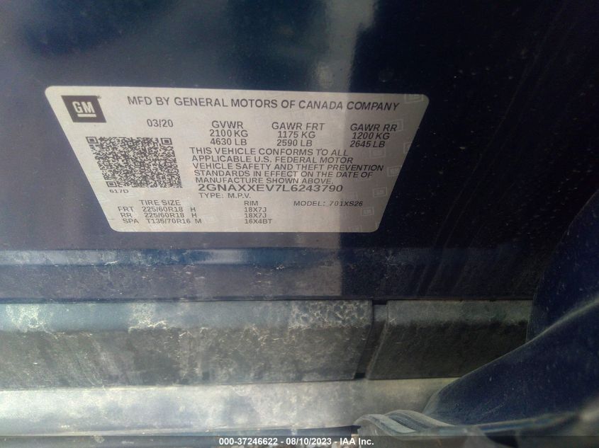 2020 CHEVROLET EQUINOX PREMIER - 2GNAXXEV7L6243790