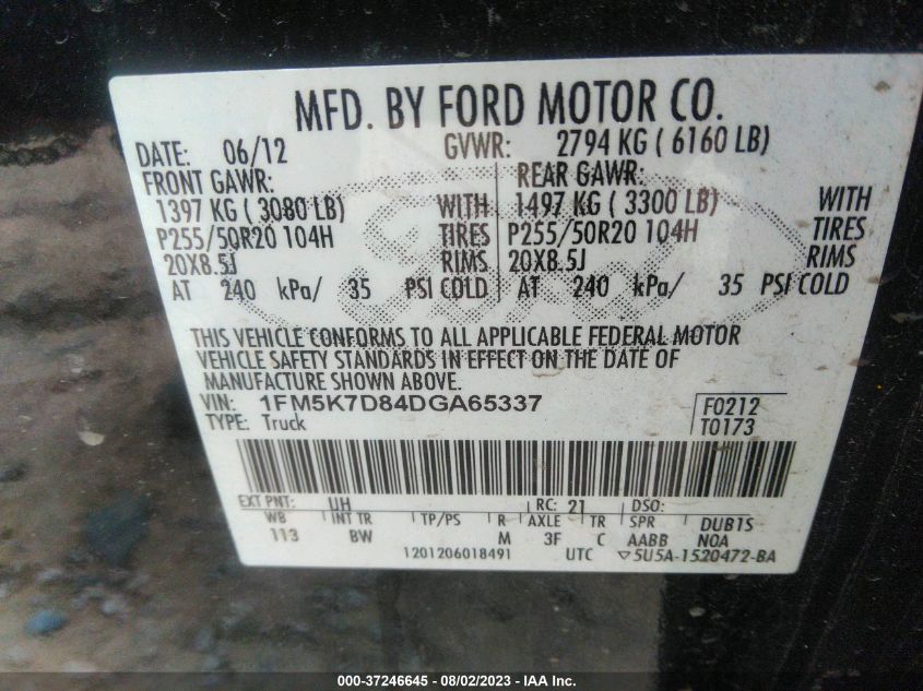 2013 FORD EXPLORER XLT - 1FM5K7D84DGA65337
