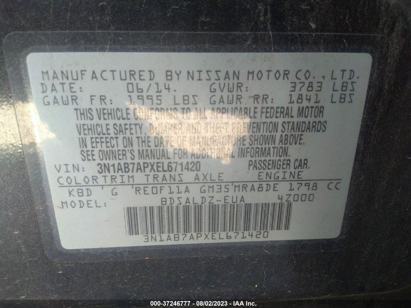 2014 NISSAN SENTRA S/FE+ S/SV/FE+ SV/SR/SL - 3N1AB7APXEL671420