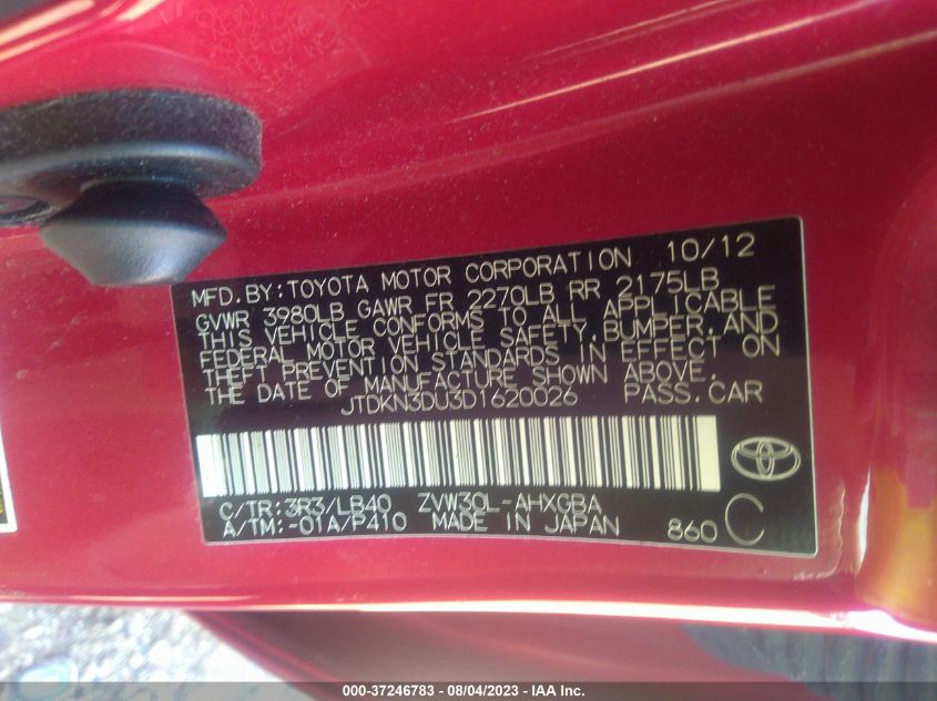 2013 TOYOTA PRIUS ONE/TWO/THREE/FOUR/FIVE - JTDKN3DU3D1620026