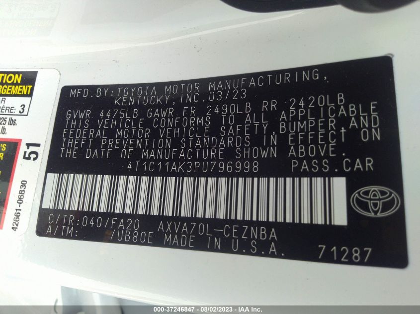 2023 TOYOTA CAMRY LE - 4T1C11AK3PU796998
