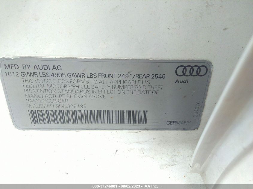 2013 AUDI A4 PREMIUM WAUBFAFL9DN026195