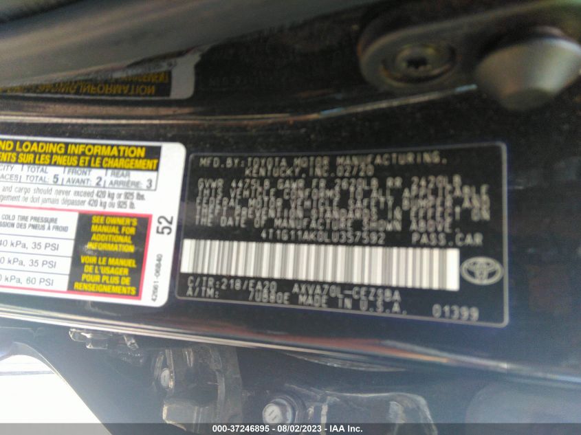 2020 TOYOTA CAMRY SE - 4T1G11AK0LU357592