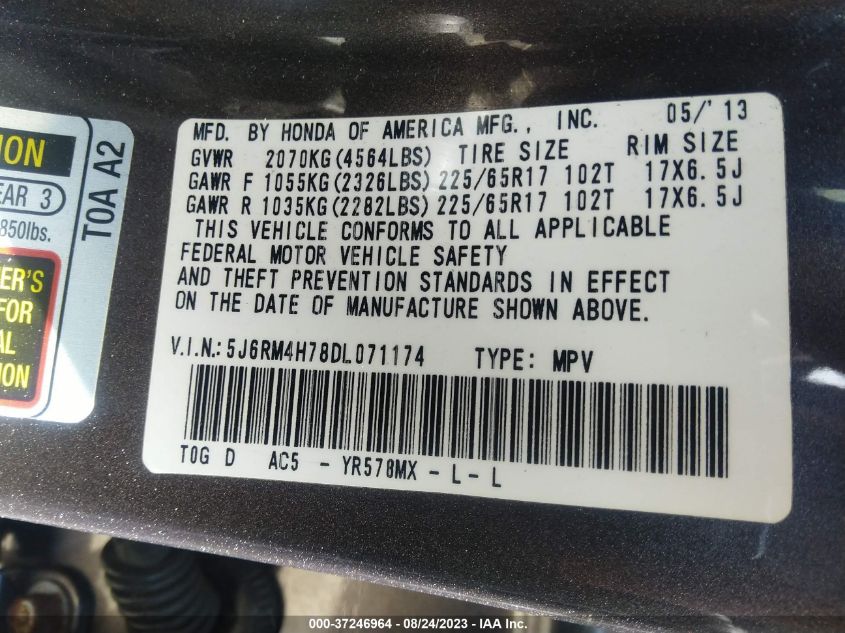 2013 HONDA CR-V EX-L - 5J6RM4H78DL071174