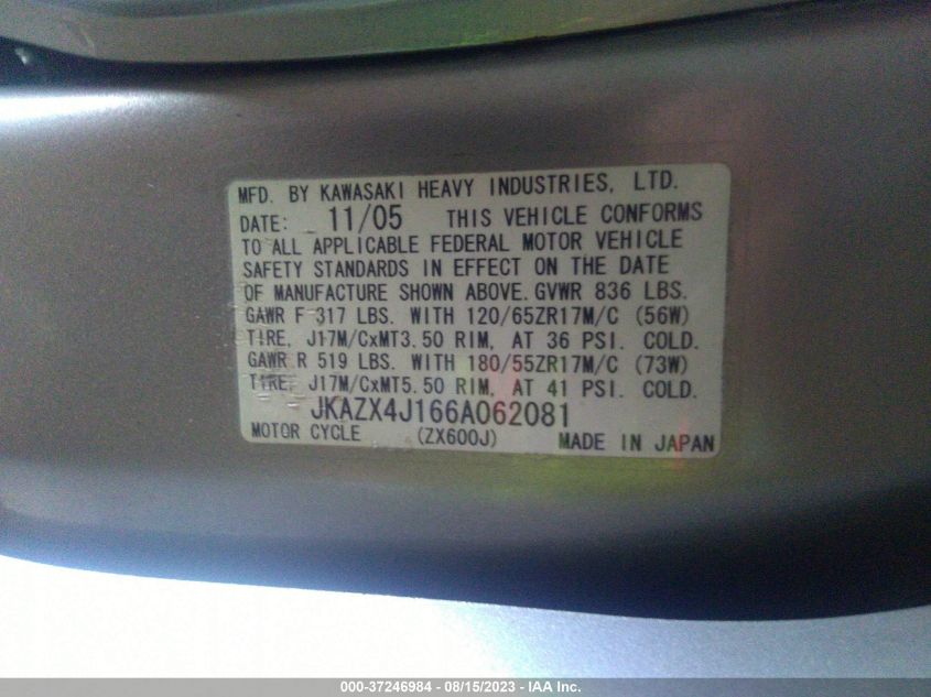 2006 KAWASAKI ZX600 J1 JKAZX4J166A062081