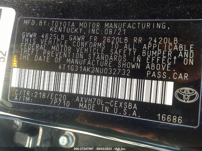 2022 TOYOTA CAMRY HYBRID - 4T1G31AK2NU032732