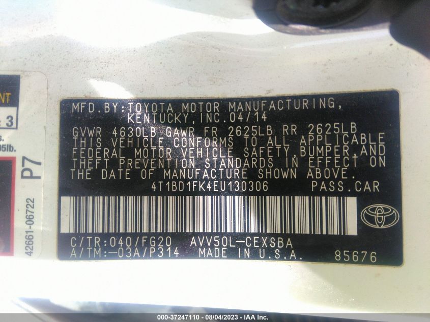 2014 TOYOTA CAMRY HYBRID LE/XLE/SE LIMITED EDITION - 4T1BD1FK4EU130306