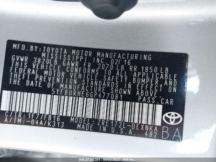2016 TOYOTA COROLLA L/LE/S/S PLUS/LE PLUS - 5YFBURHE6GP477081