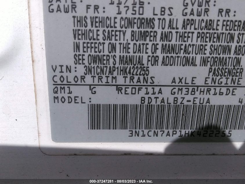 2017 NISSAN VERSA SEDAN SV - 3N1CN7AP1HK422255