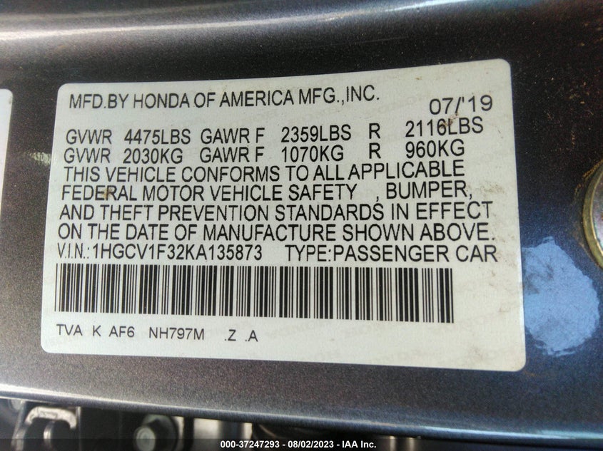 VIN 1HGCV1F32KA135873 2019 HONDA ACCORD SEDAN SPORT 1.5T
