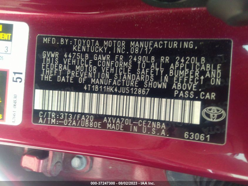 2018 TOYOTA CAMRY LE/SE/XLE/L - 4T1B11HK4JU512867