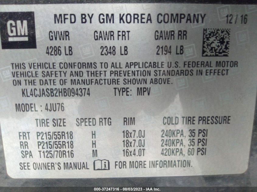 2017 BUICK ENCORE PREFERRED - KL4CJASB2HB094374