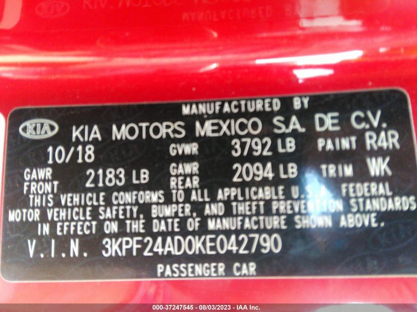 2019 KIA FORTE LXS - 3KPF24AD0KE042790