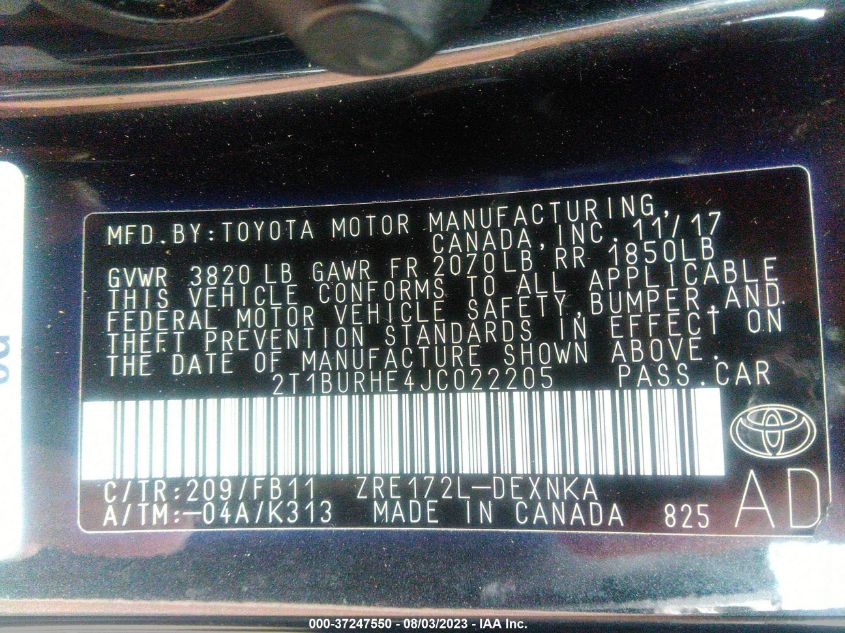 2018 TOYOTA COROLLA L/LE/XLE/SE/XSE - 2T1BURHE4JC022205