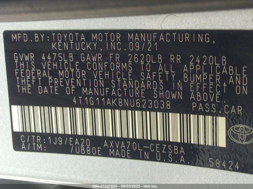 2022 TOYOTA CAMRY SE - 4T1G11AK8NU623038