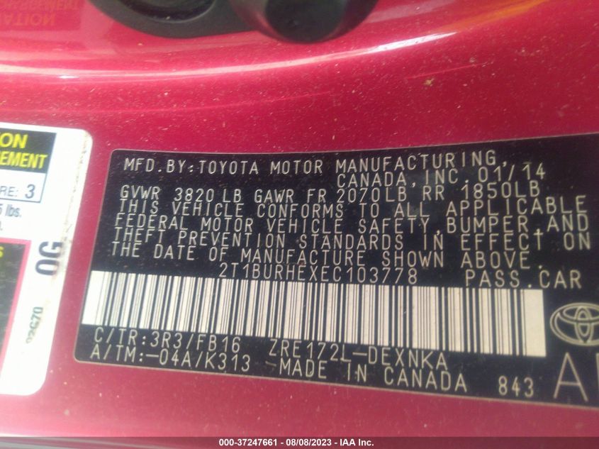 2014 TOYOTA COROLLA L/LE/S/S PLUS/LE PLUS - 2T1BURHEXEC103778