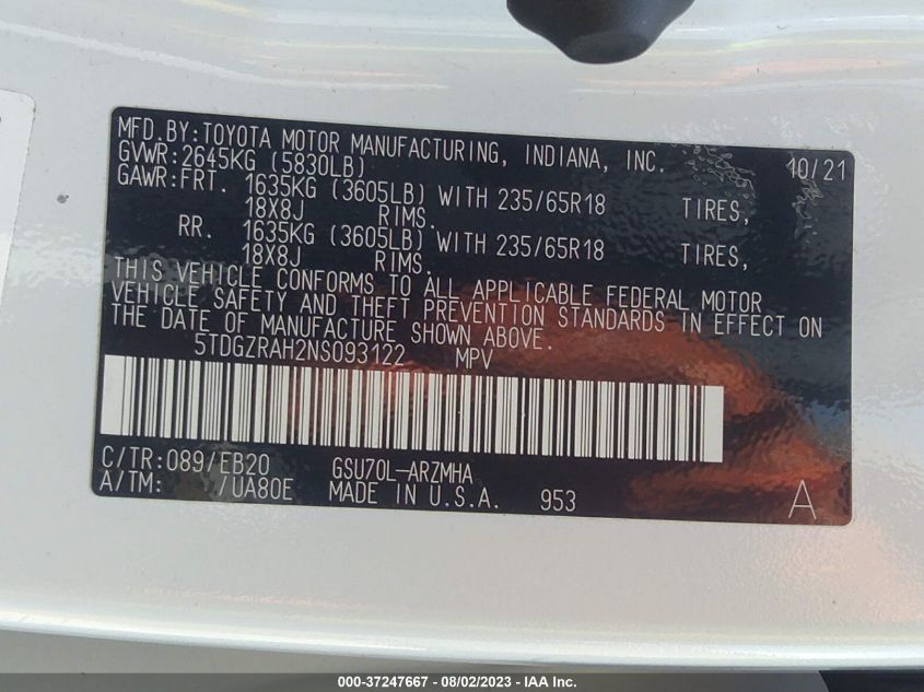 2022 TOYOTA HIGHLANDER XLE - 5TDGZRAH2NS093122