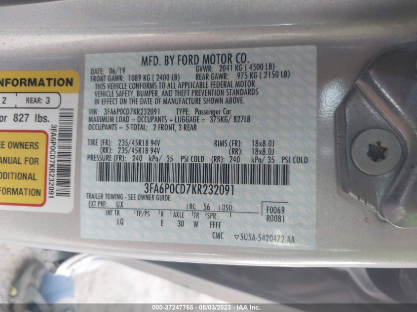 2019 FORD FUSION SEL - 3FA6P0CD7KR232091