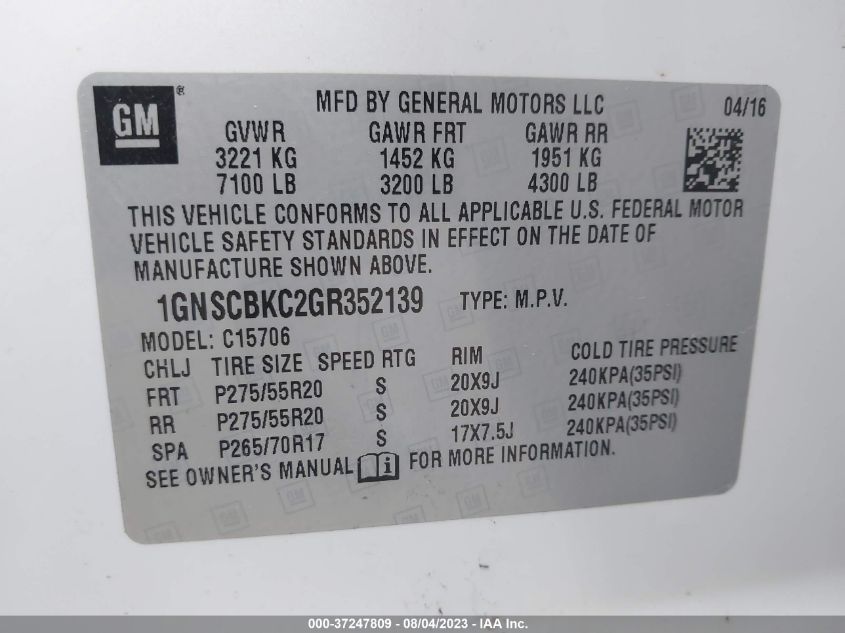 2016 CHEVROLET TAHOE C1500 LT - 1GNSCBKC2GR352139