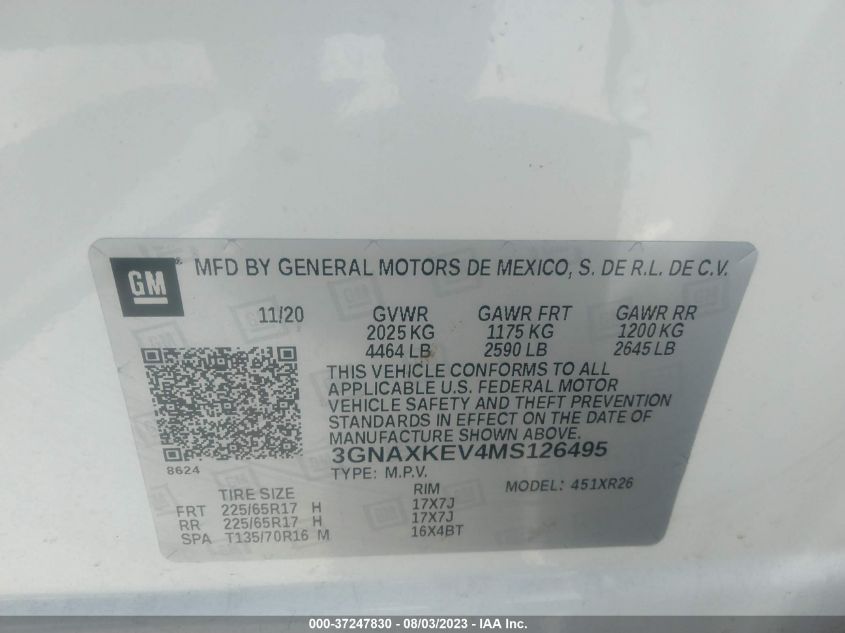 2021 CHEVROLET EQUINOX LT - 3GNAXKEV4MS126495