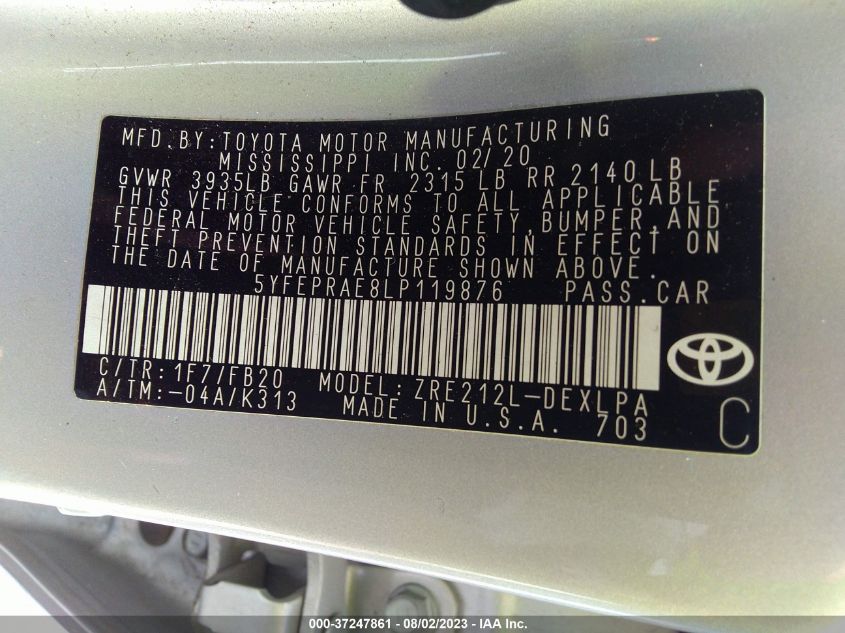 2020 TOYOTA COROLLA LE - 5YFEPRAE8LP119876