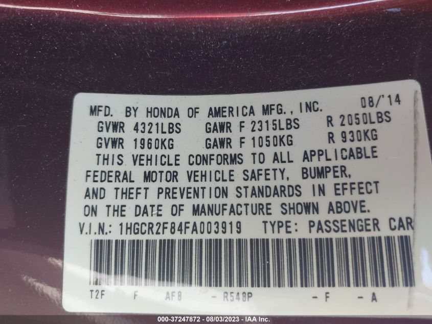 2015 HONDA ACCORD SEDAN EX-L - 1HGCR2F84FA003919