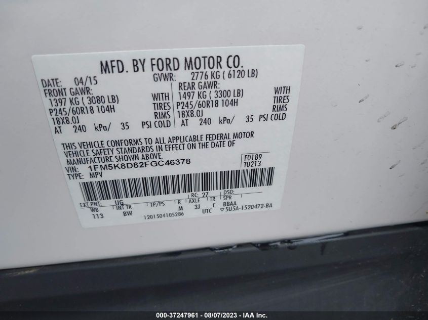 2015 FORD EXPLORER XLT - 1FM5K8D82FGC46378