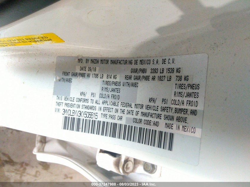 VIN 3MYDLBYV3KY506615 2019 TOYOTA YARIS SEDAN L/LE/XLE