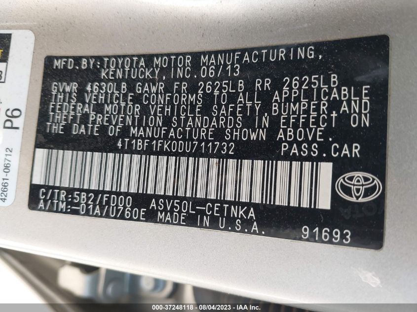 2013 TOYOTA CAMRY L/LE/SE/XLE - 4T1BF1FK0DU711732