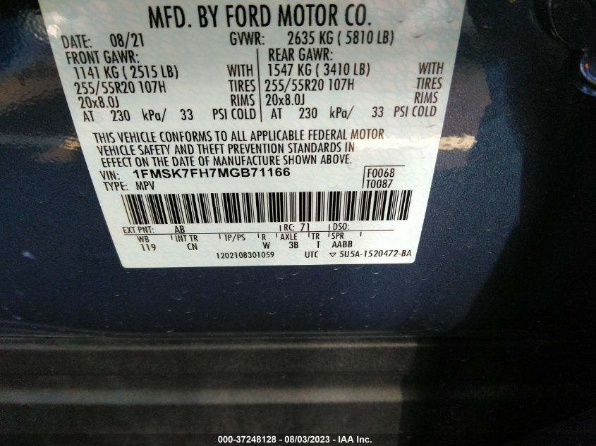 2021 FORD EXPLORER LIMITED - 1FMSK7FH7MGB71166