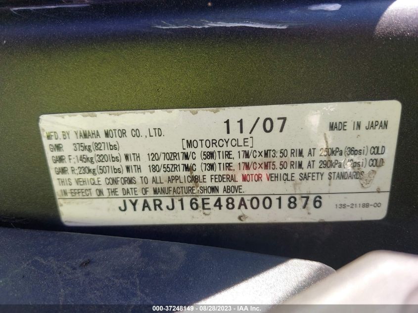 2008 YAMAHA YZFR6 JYARJ16E48A001876